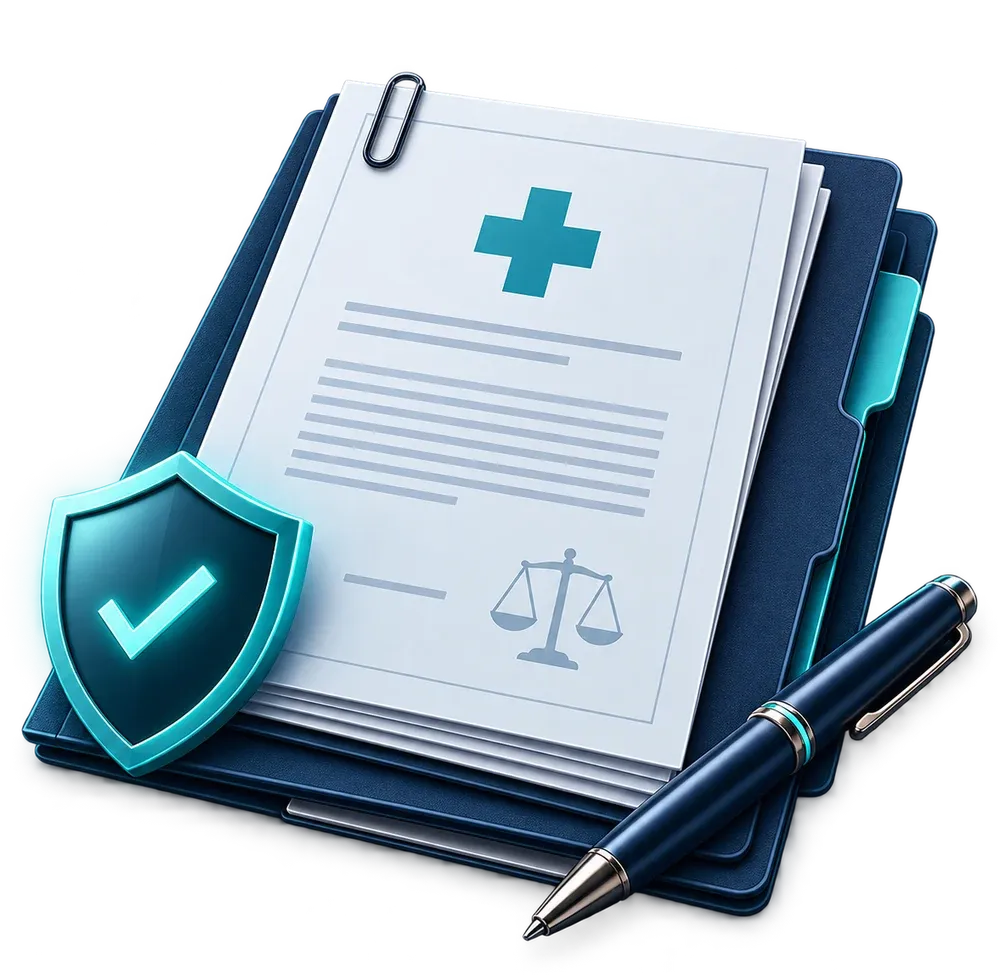 Medicolegal report folder with signed expert report and pen